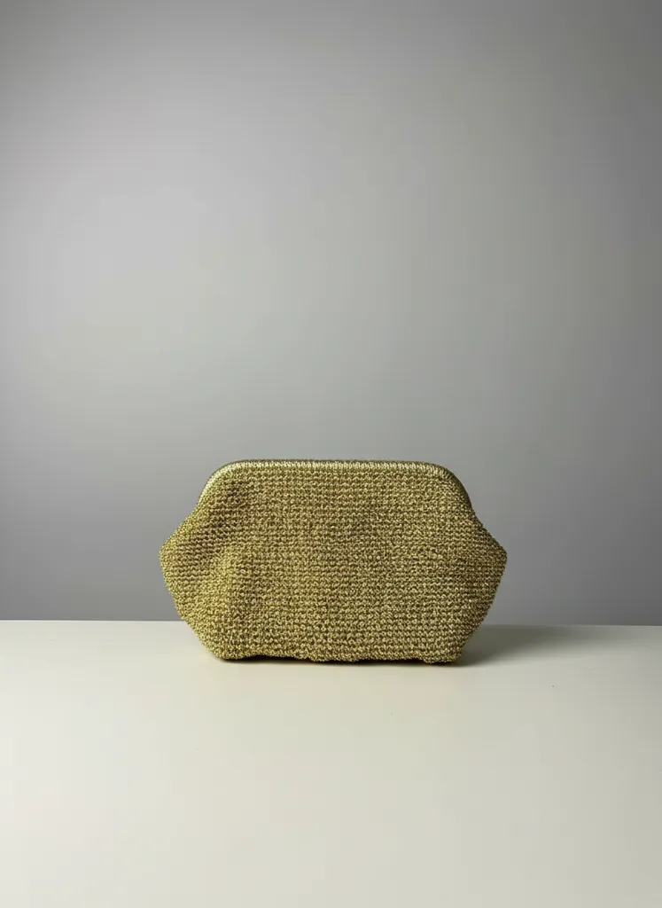 Gold Simli Örgü Clutch Çanta - Hasır Görünümlü Şık El Çantası