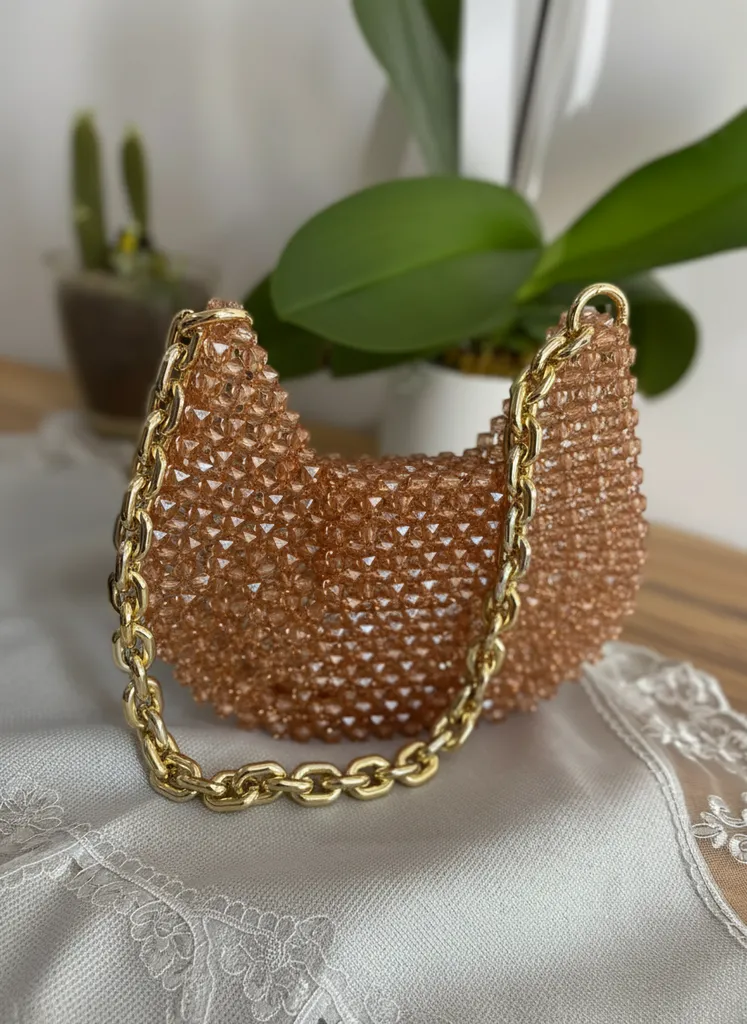 Bal Rengi Kristal Boncuklu Gold Zincir Askılı Çanta - Trend Model