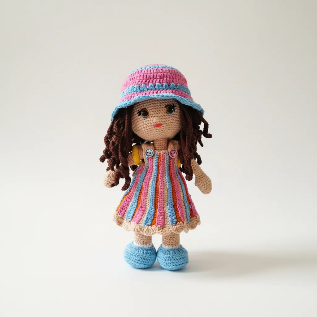 Örgü Oyuncak Bebek Amigurumi - Pembe Şapkalı ve Renkli Elbiseli