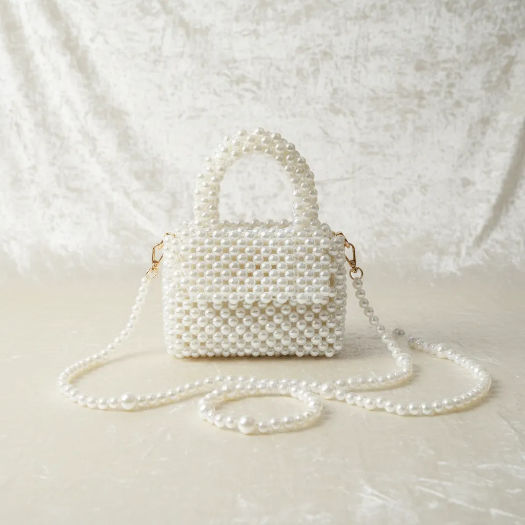 Krem Renkli İnci Boncuklu Mini Çanta - Özel Tasarım Şık El Çantası