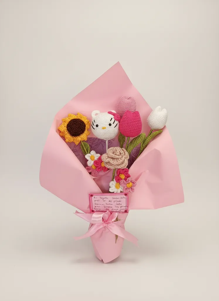 Örme Hello Kitty ve Renkli Çiçek Buketi - 35 cm Boyutunda