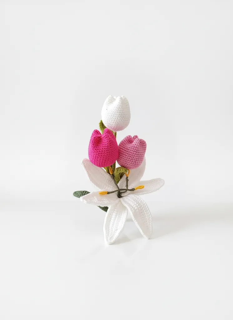 Örgü Beyaz Zambak ve Pembe Lale Buketi - El Emeği Dekoratif Çiçek