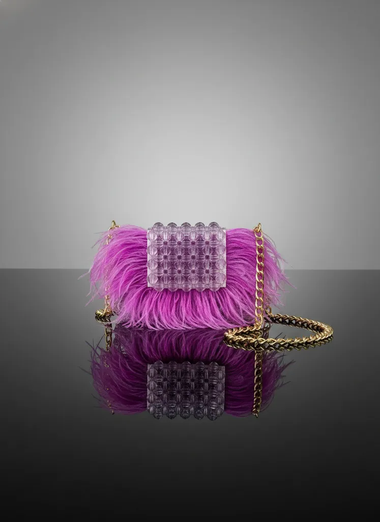 Pembe Boncuklu Tüylü Mini Çanta - Zincir Askılı Özel Tasarım