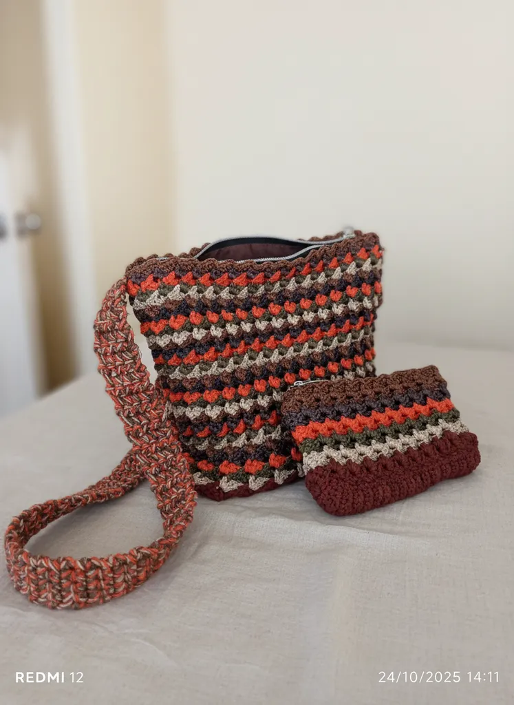 Çok Renkli Makrome Örgü Omuz Çantası ve Cüzdan Seti - Fermuarlı