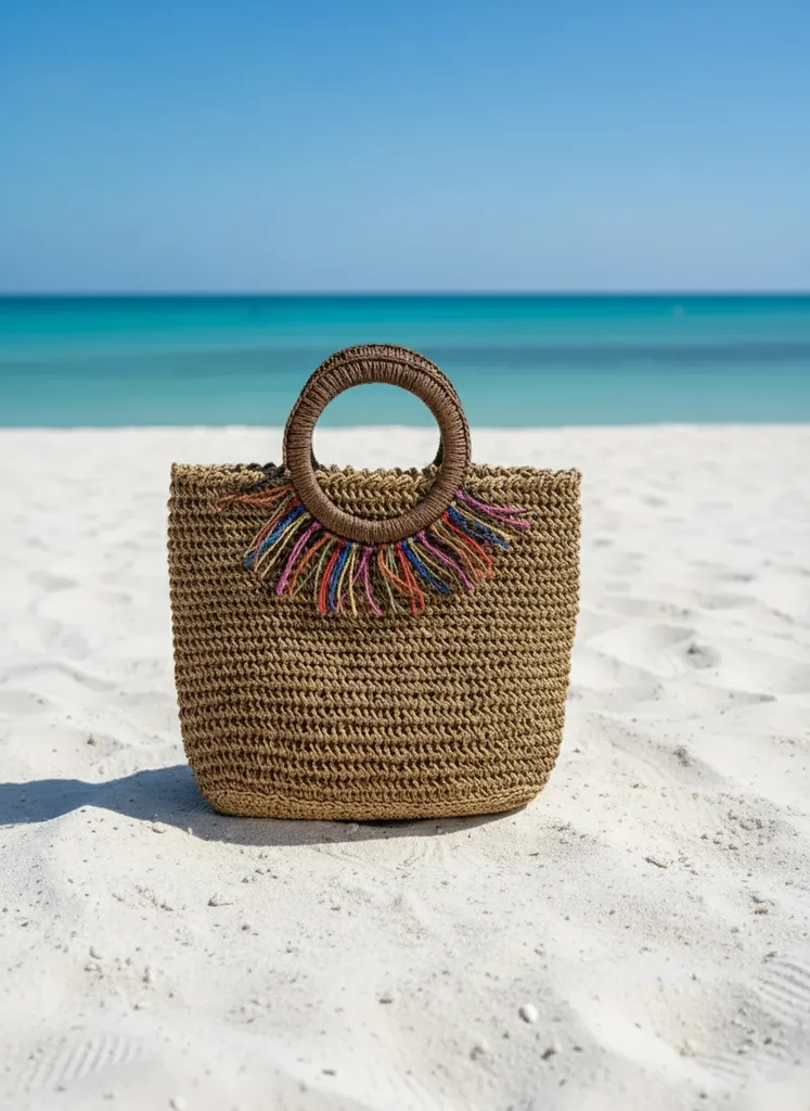 Renkli Püsküllü Hasır Plaj Çantası – El Örgüsü Yazlık Kadın Çanta Modeli