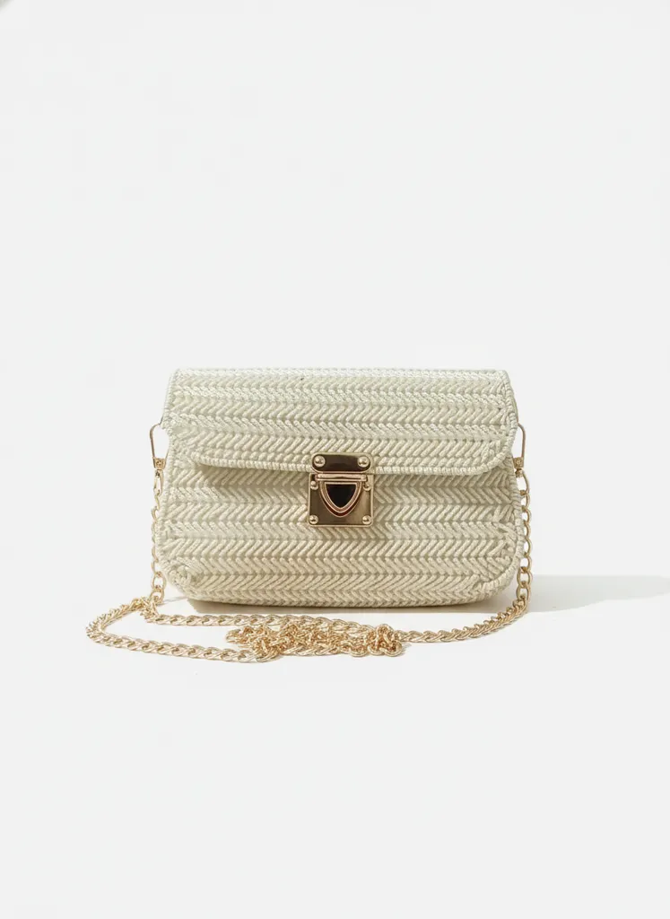 Krem Rengi Makrome Abiye Çanta - Gold Zincir Askılı Özel Tasarım