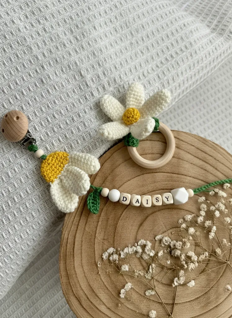 Amigurumi Rattle and Personalized Pacifier Clip - Daisy Model Handmade