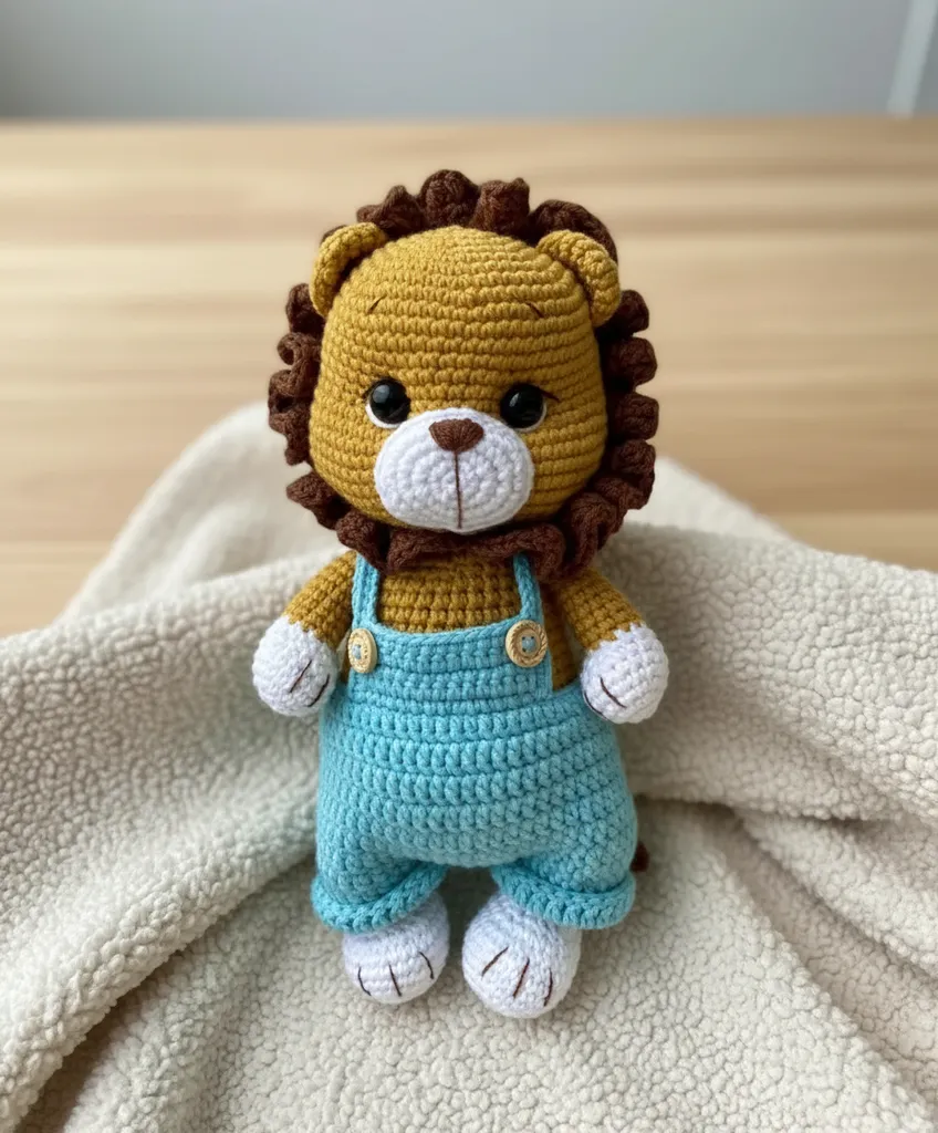 Knitted Lion Amigurumi Toy - Cotton Yarn, Antibacterial Filling