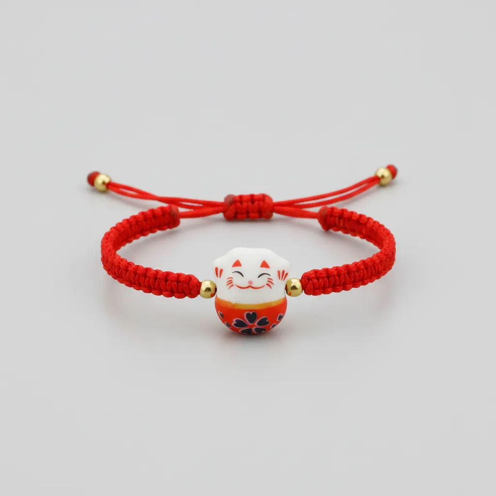 Kırmızı İpli Seramik Şans Kedisi Bileklik - Uğur Getiren Japon Sembolü