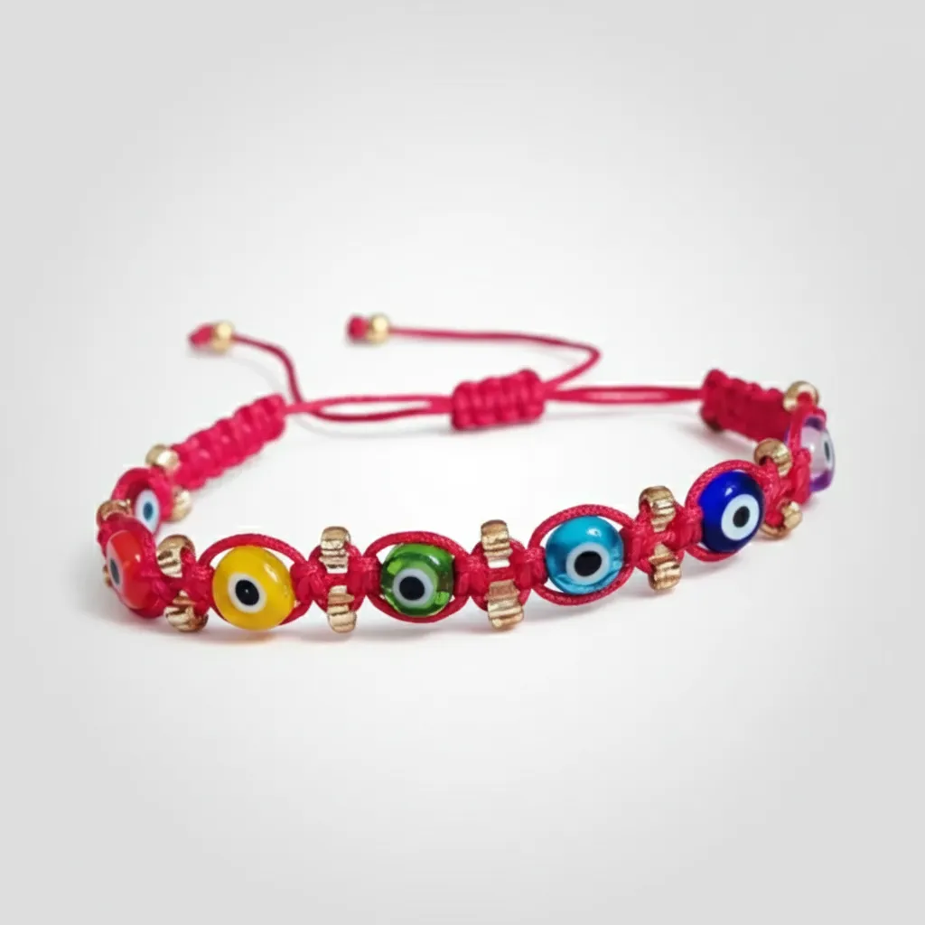 Renkli Nazar Boncuklu Kırmızı İpli Bileklik - Ayarlanabilir Boyut