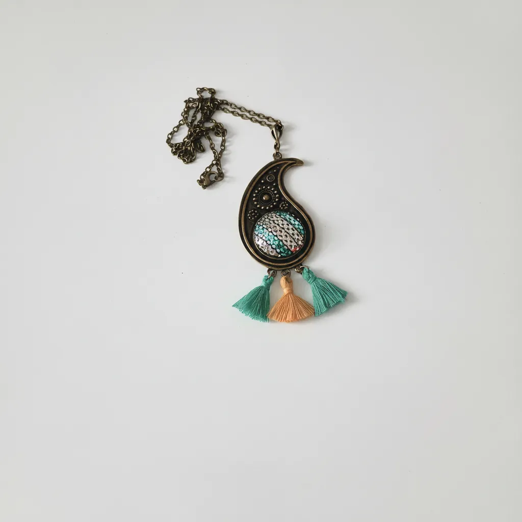 Turkuaz ve Antik sarı detaylı Tel Kırma Kolye/Bartın El Sanatları 