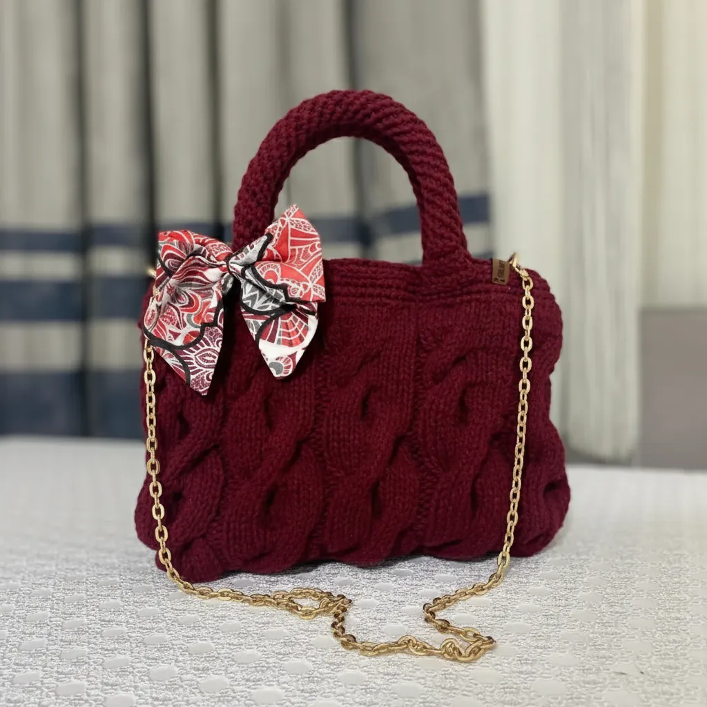Bordo Örgü Omuz Çantası Fiyonk Detaylı Zincir Askılı - El Örgüsü