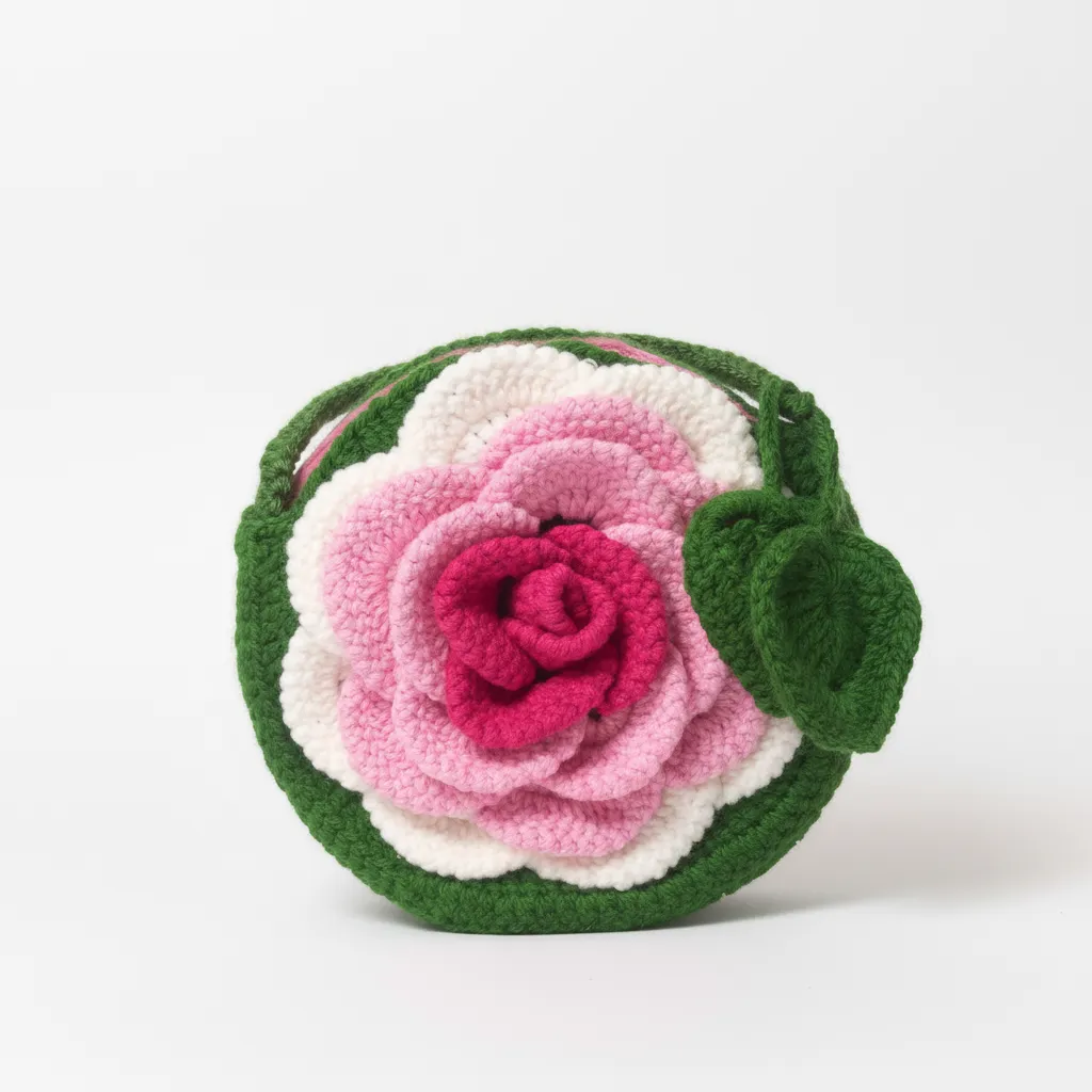 Örgü Çiçek Desenli Çocuk Çantası - Pembe, Beyaz ve Yeşil Renkli