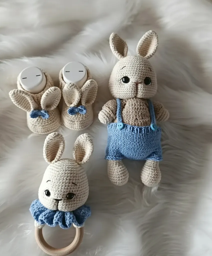 Örgü Amigurumi Tavşan Bebek Oyuncak Çıngırak ve Patik Seti