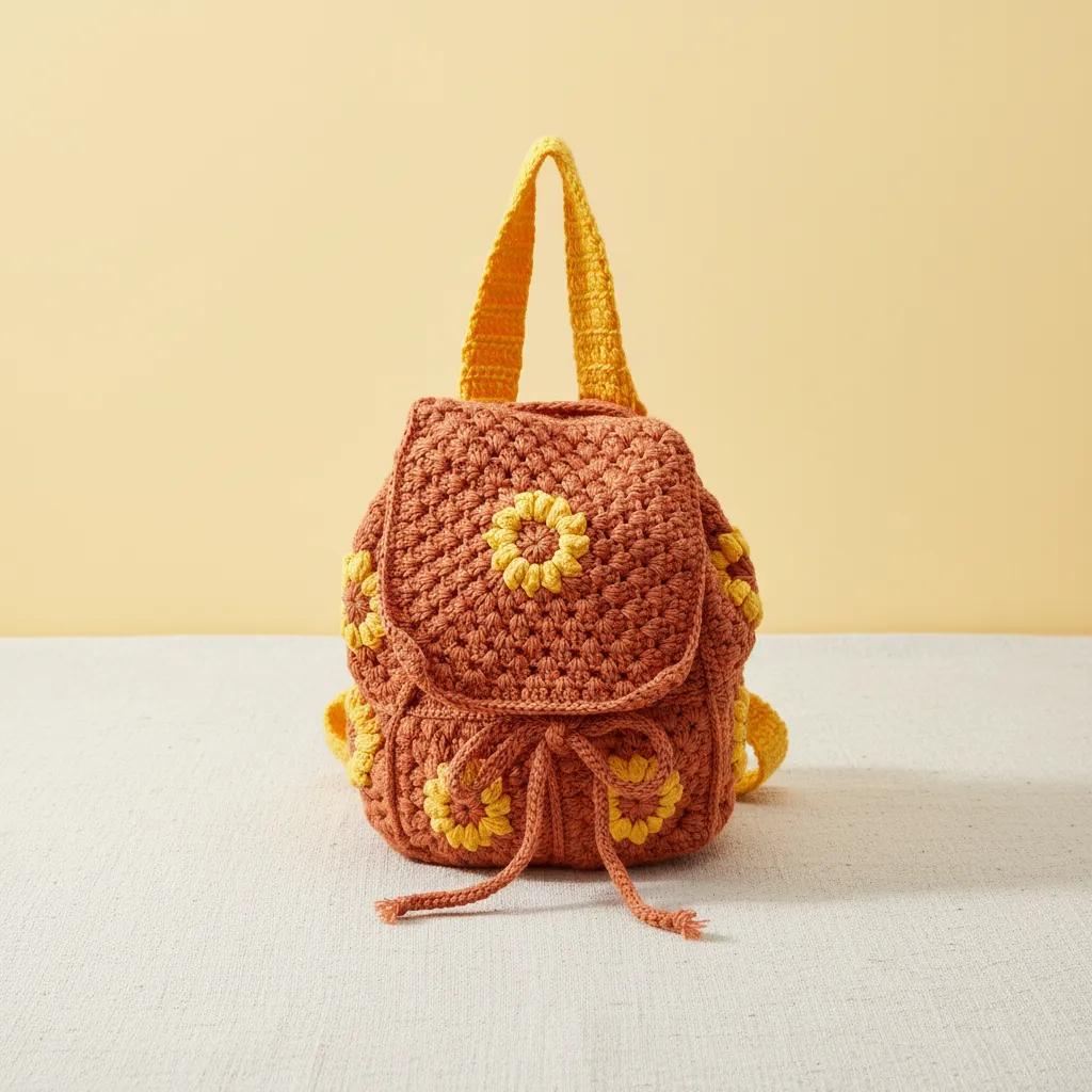 Turuncu Renkli Çiçek Desenli Örgü Çocuk Sırt Çantası - El Emeği