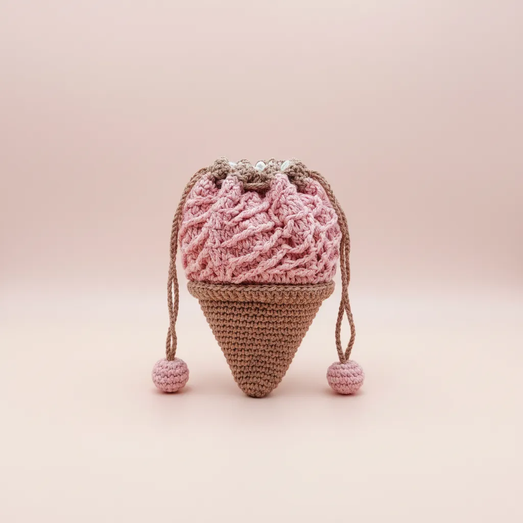 Pembe ve Kahverengi Örgü İpli Dondurma Şekilli Çanta - El Emeği