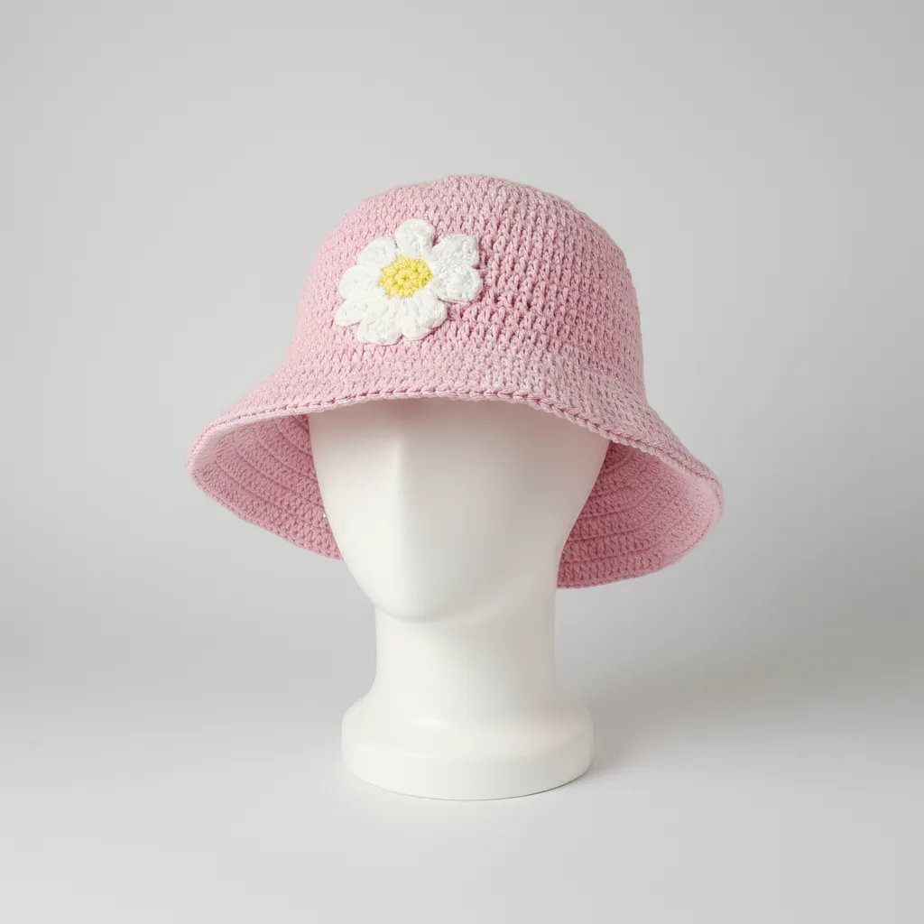 Pembe Örgü Papatya Desenli Bucket Şapka - El Emeği