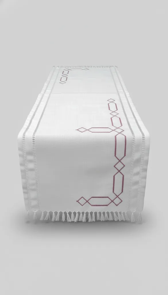 Krem Rengi Gül Kurusu Nakışlı Pamuklu Salon Runner - El İşlemesi