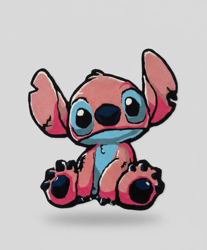 Stitch Karakterli Tufting Halı - 110x105 cm, Pembe ve Mavi - El Yapımı