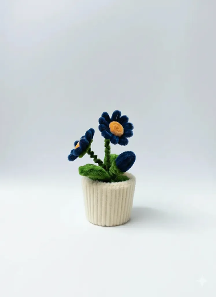 Şönil İpliği ile Yapılmış Lacivert Pıtırcık Saksı Çiçeği Dekoratif Obje