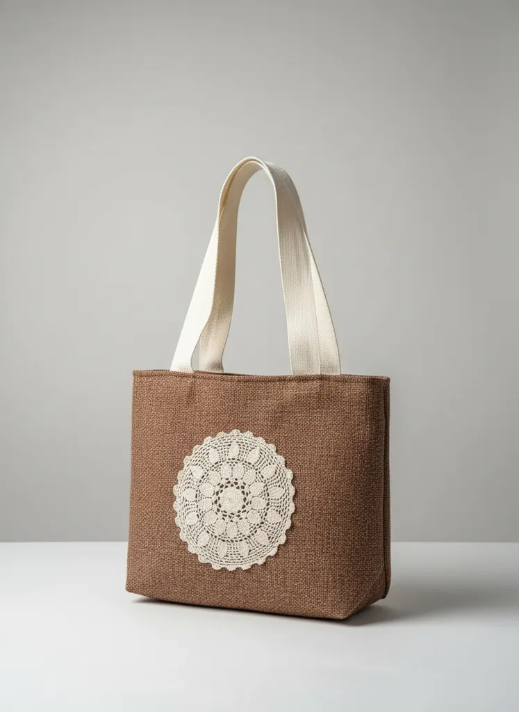 Kahverengi Kaşe Kumaş Dantel Detaylı Omuz Çantası - El Yapımı