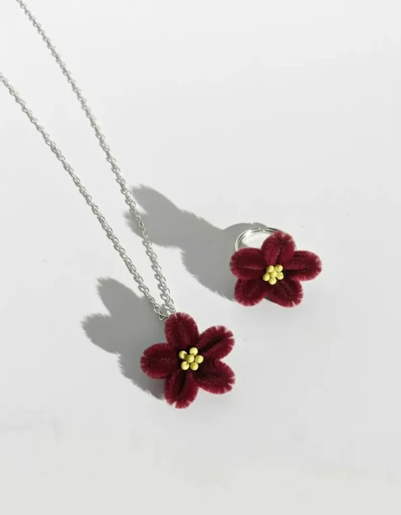 Bordo Şönil Papatya Kolye ve Yüzük Seti - El Emeği Tasarım