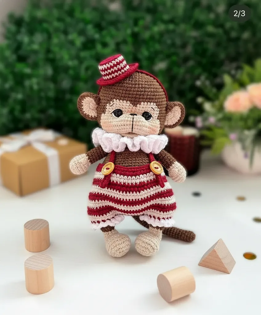 Hatted Amigurumi Monkey Toy - Knitted Baby Monkey - Handmade