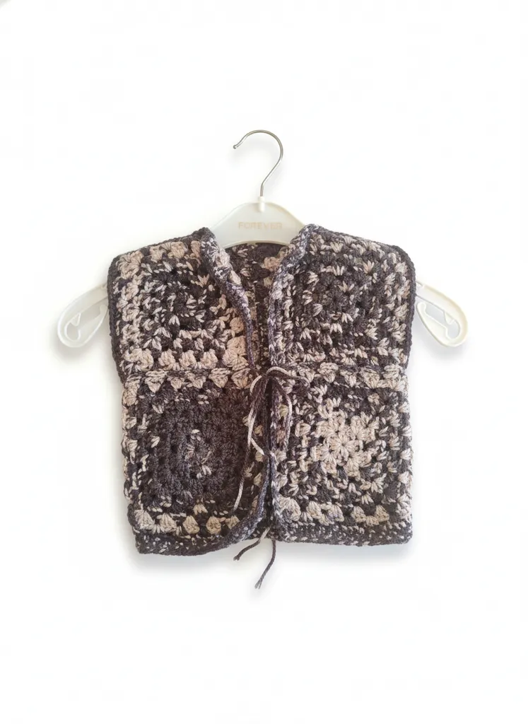 Gri ve Krem Renkli Kare Motifli Örgü Yelek - El Emeği