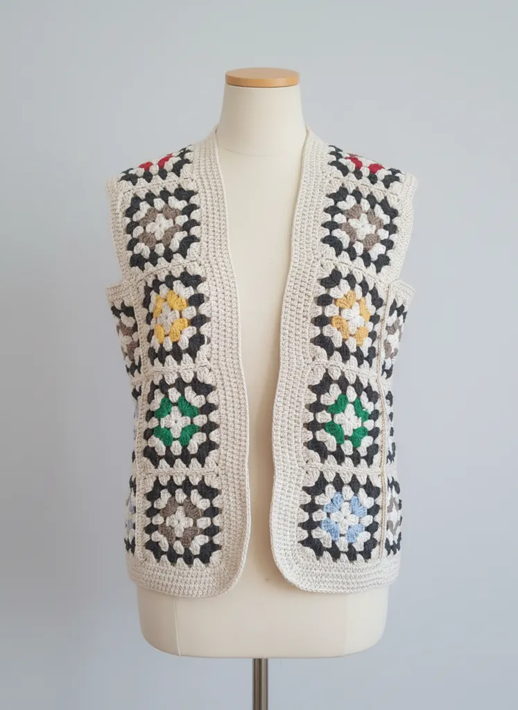 Kare Motifli Örgü Yelek - Çok Renkli, Bohem Tarzı, El Yapımı