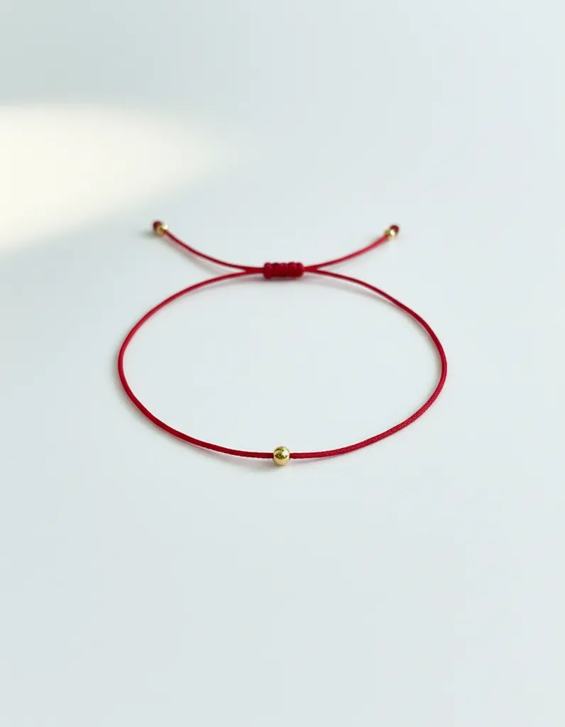 Kırmızı İp Bileklik - 14K Altın Detaylı Minimalist Tasarım