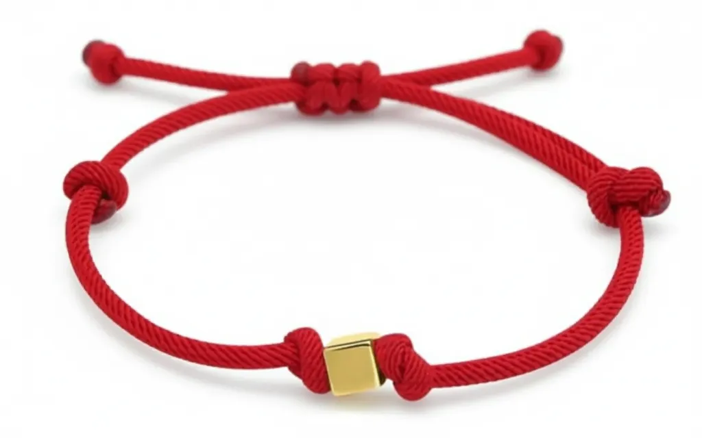 Kırmızı İp Bileklik - 14K Altın Küp Detaylı Şans Bilekliği