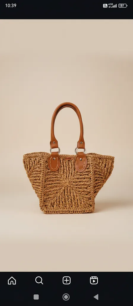 Kahverengi Örme Hasır Çanta - Çıtçıtlı Kapama ve Deri Detaylı