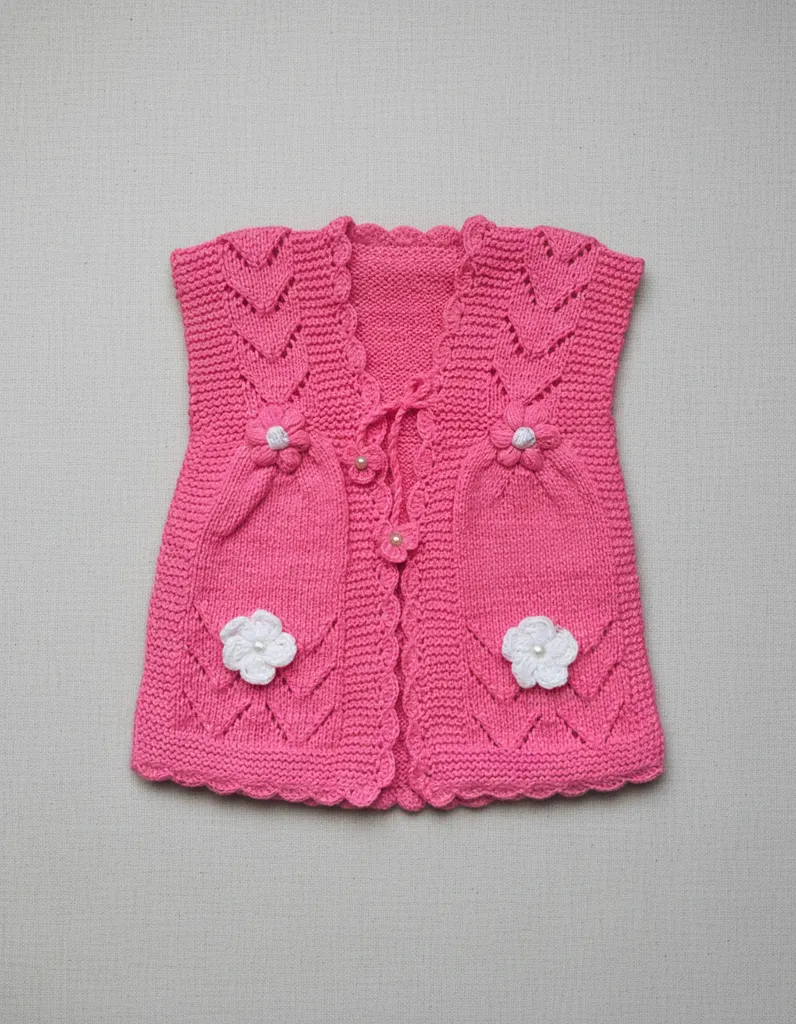 Pembe Kız Bebek Yeleği 1-2 Yaş - El Örgüsü, Çiçek Detaylı