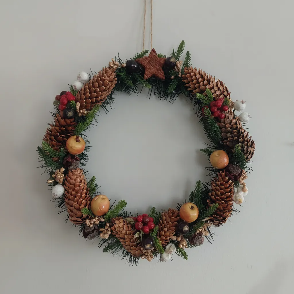 Kozalaklı Yılbaşı Çelenk - Ahşap Yıldız Detaylı Dekoratif Çelenk