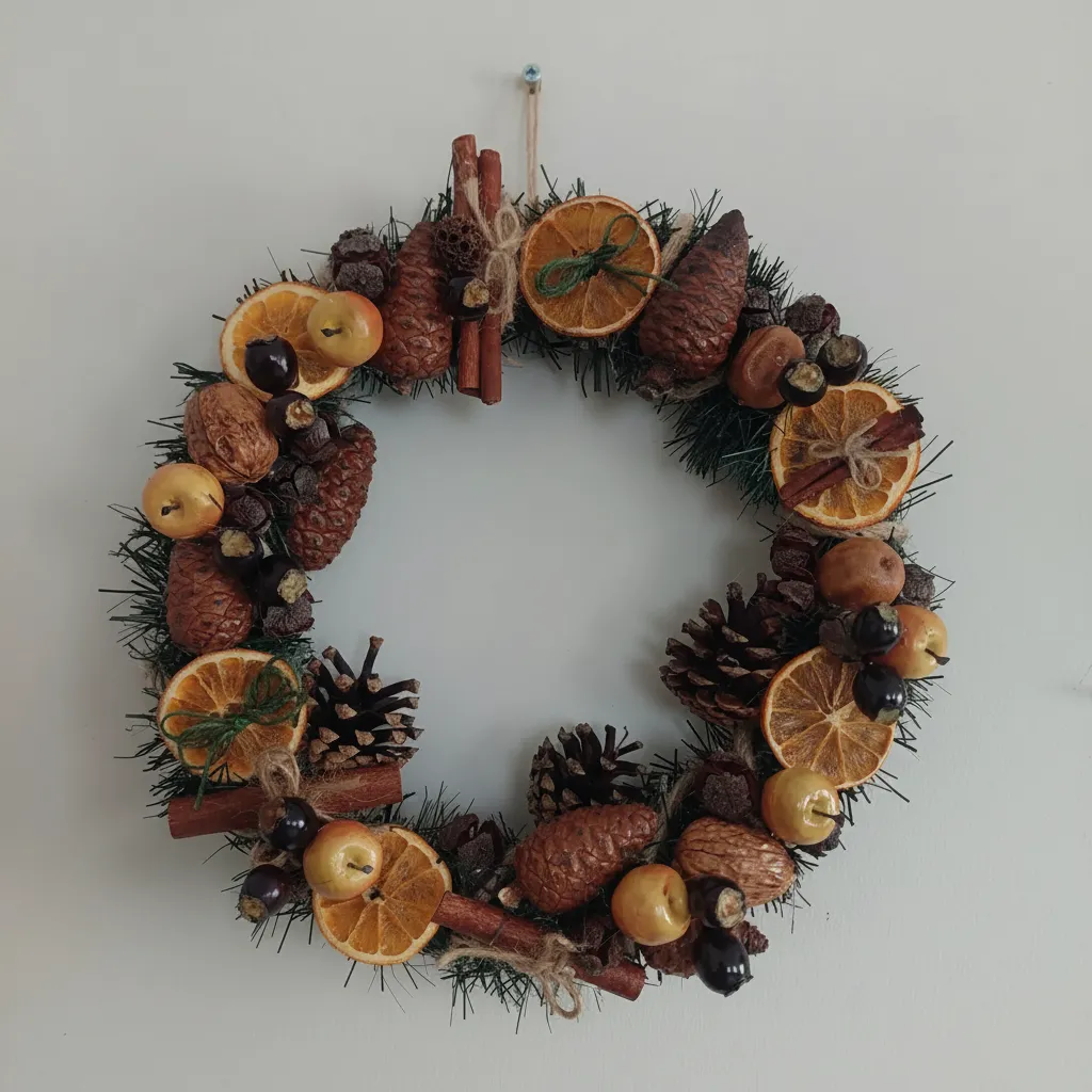 Kurutulmuş Portakal ve Kozalaklı Dekoratif Çelenk - Doğal Güzellik