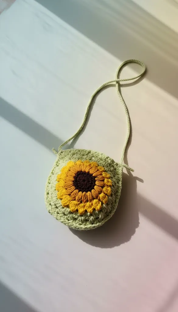 Kız Çocuk Örgü Çanta - Yeşil Renkli Ayçiçeği Desenli Çapraz Askılı