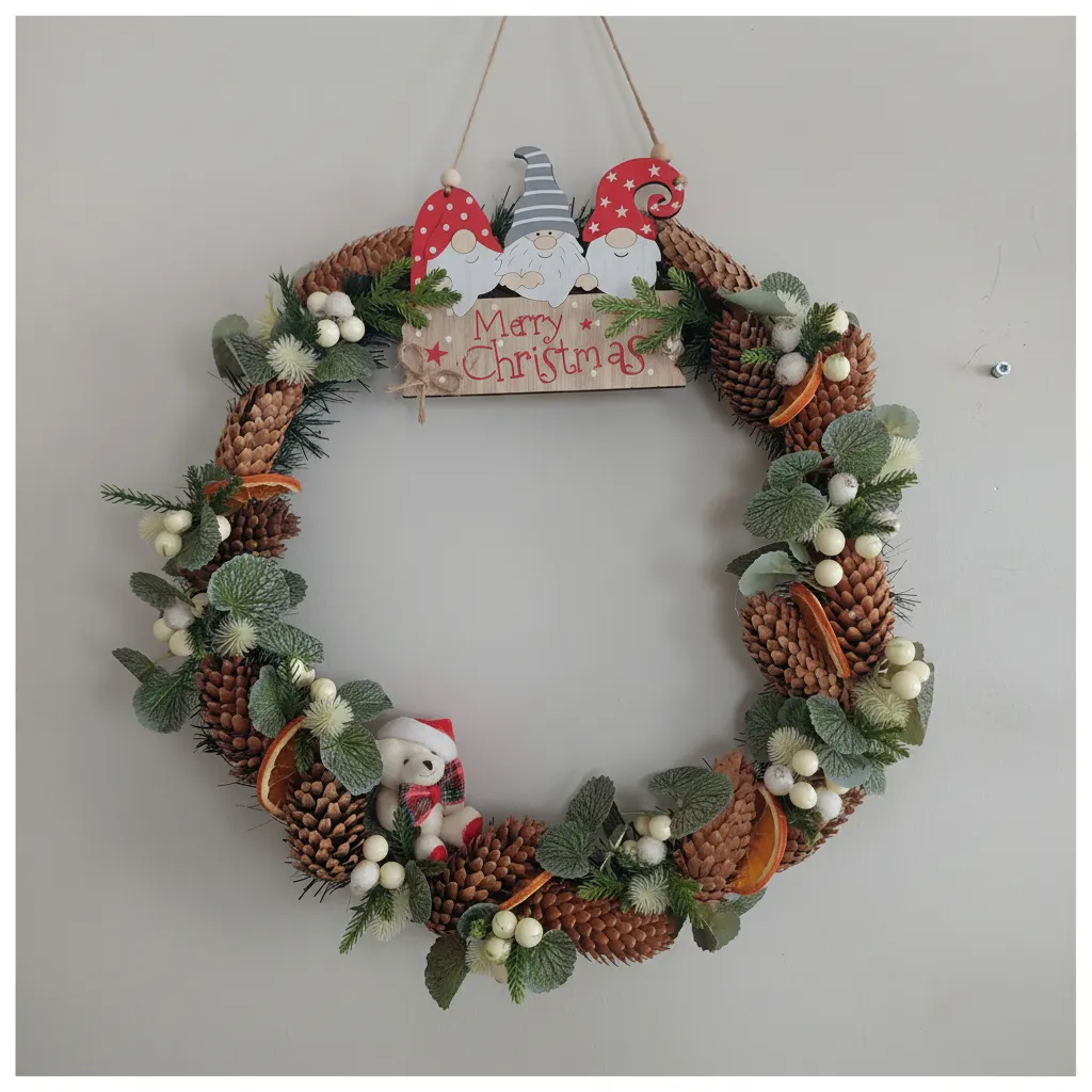 Çam Kozalaklı Noel Çelengi - Cüce Figürlü Dekoratif Duvar Süsü