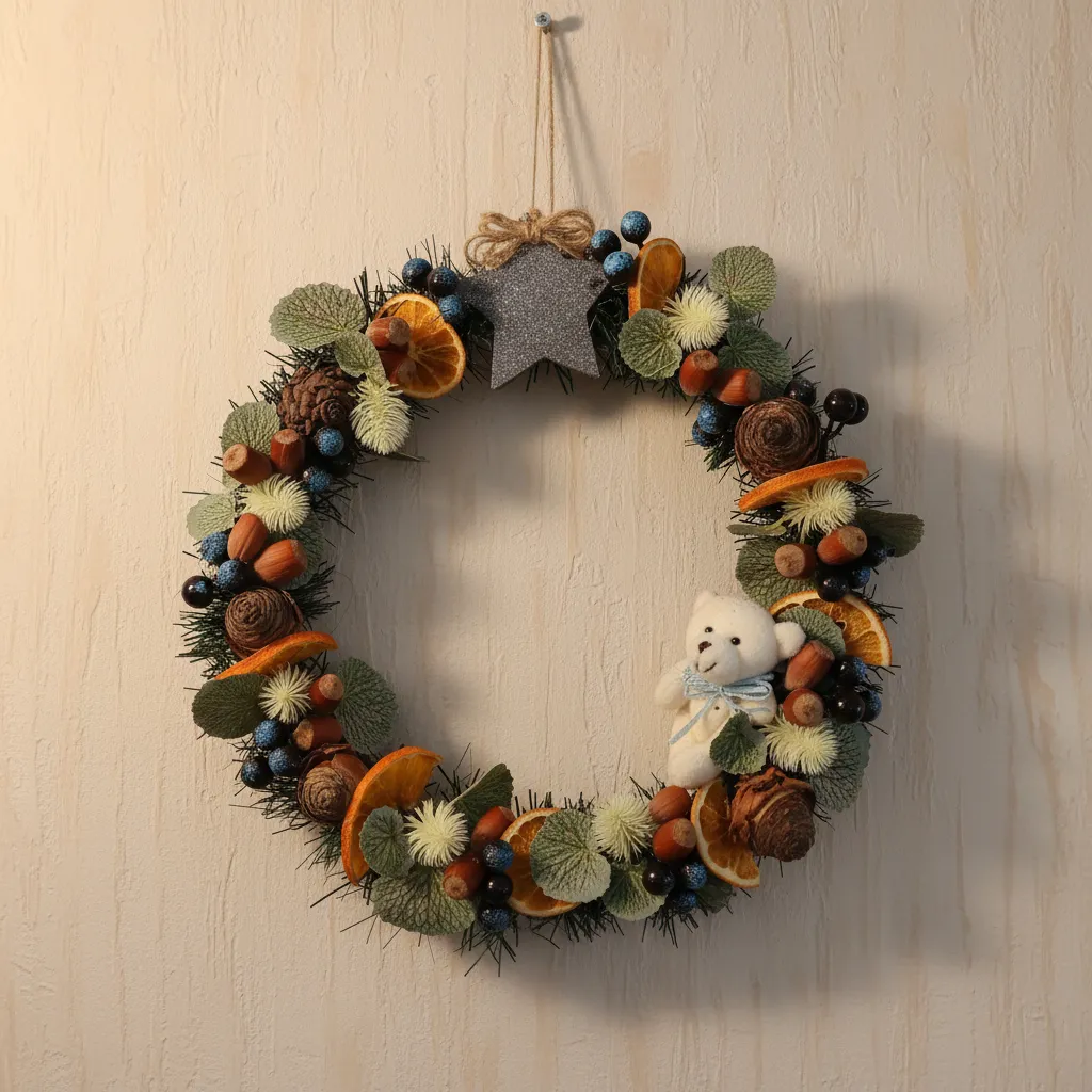 Dekoratif Yılbaşı Çelengi - Turuncu Dilim, Ayıcık ve Yıldız Detaylı