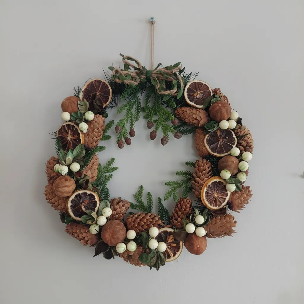 Doğal Kozalak, Portakal Dilimli ve Yeşil Yapraklı Dekoratif Çelenk