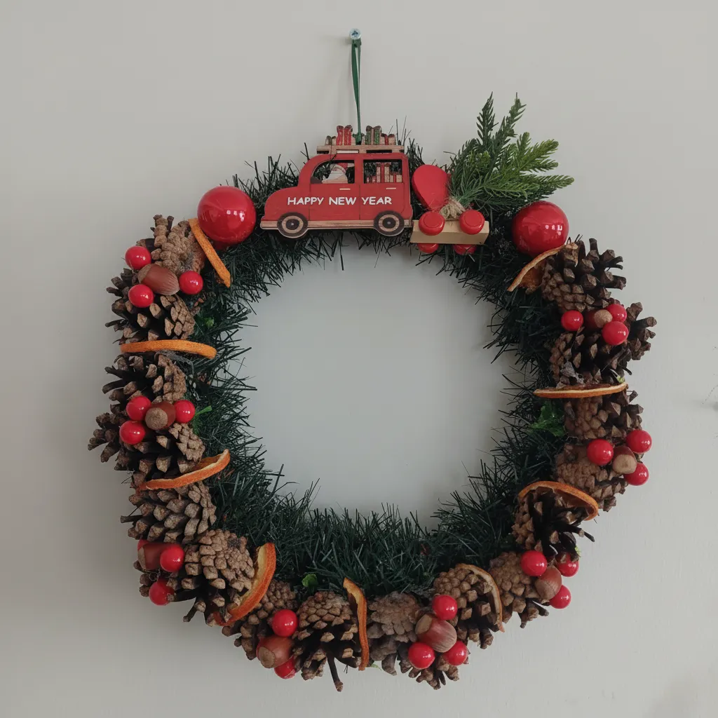 Yeni Yıl Temalı Çam Kozalaklı Arabalı Çelenk - Dekoratif Kapı Süsü