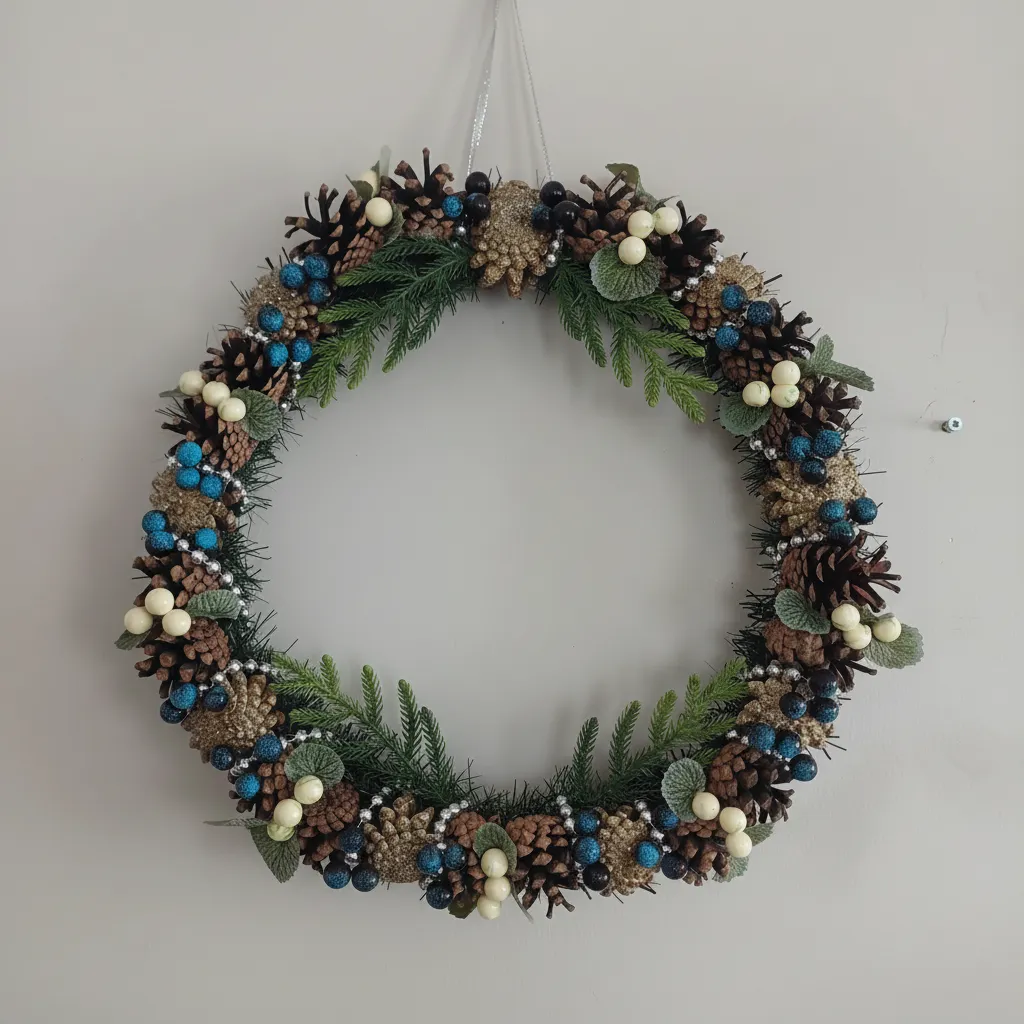 Çam Kozalaklı Mavi Detaylı Dekoratif Çelenk ve Ayıcıklı Kapı Süsü