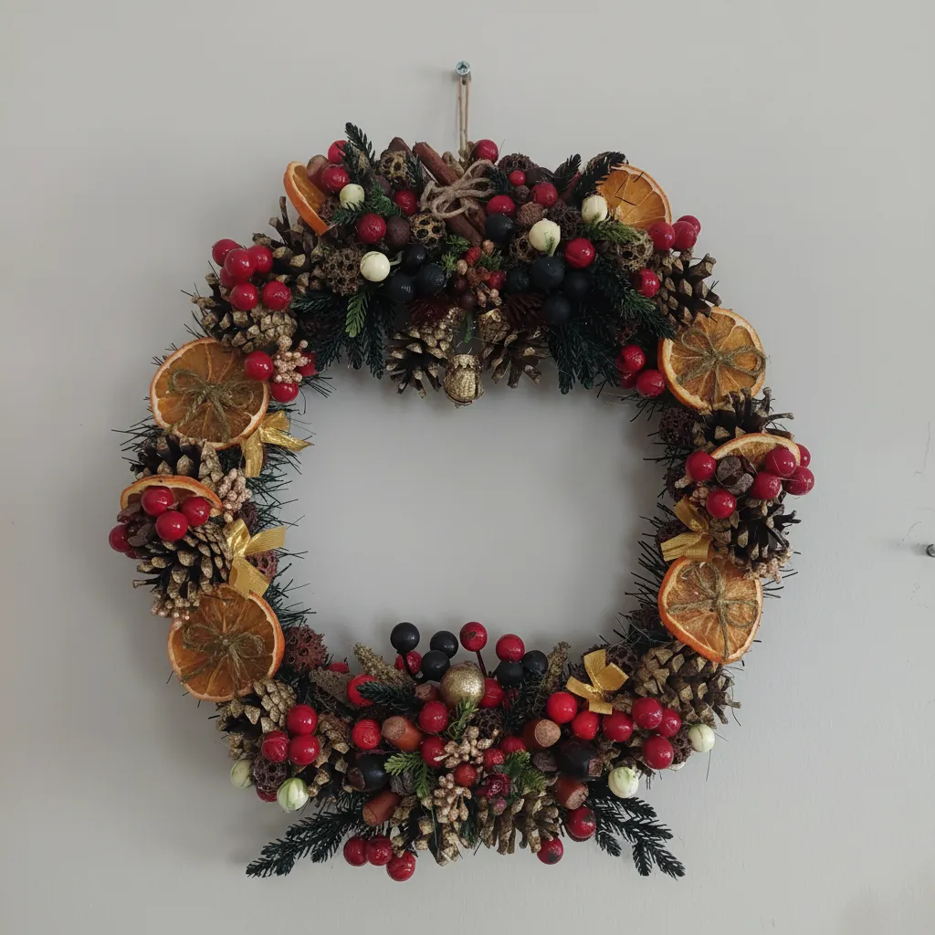 Kozalaklı, Portakallı ve Kırmızı Boncuklu Gösterişli Yılbaşı Çelenk