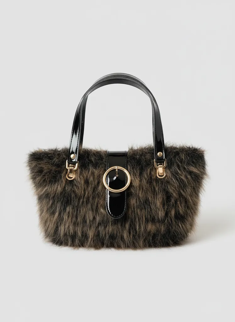 Tüylü Makrome Kol Çantası - Siyah Rugan Detaylı, El Örgüsü