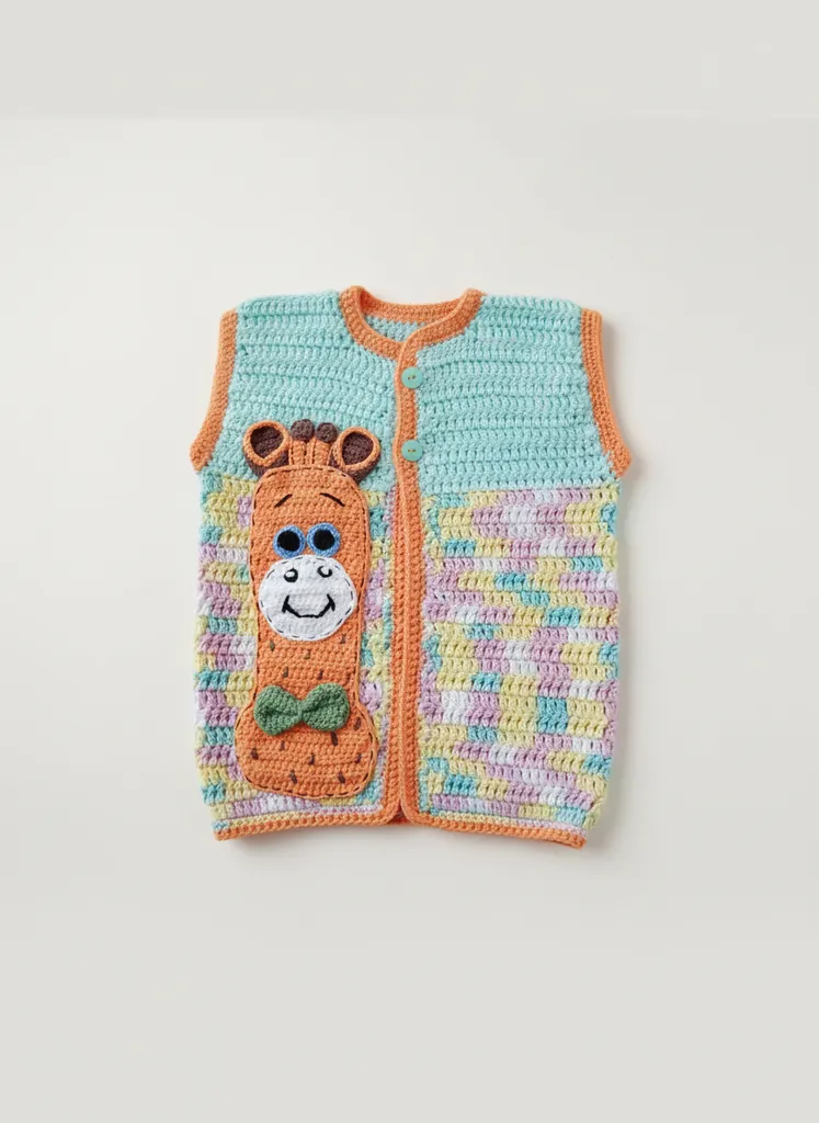 Örgü Zürafa Desenli Bebek Yeleği - Turuncu ve Pastel Renkler