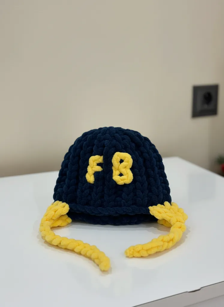 Lacivert ve Sarı Renkli Örgü Bebek Taraftar Şapkası - El Emeği