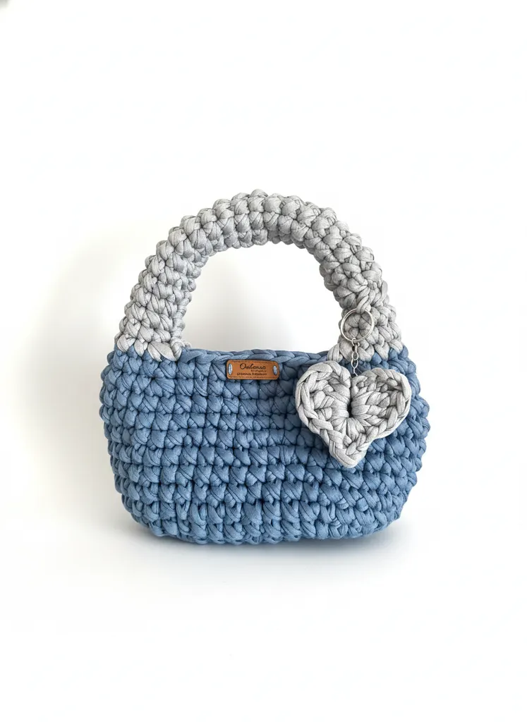 Mavi ve Gri Renkli Penye İpten Örme Çanta - Charm Hediyeli