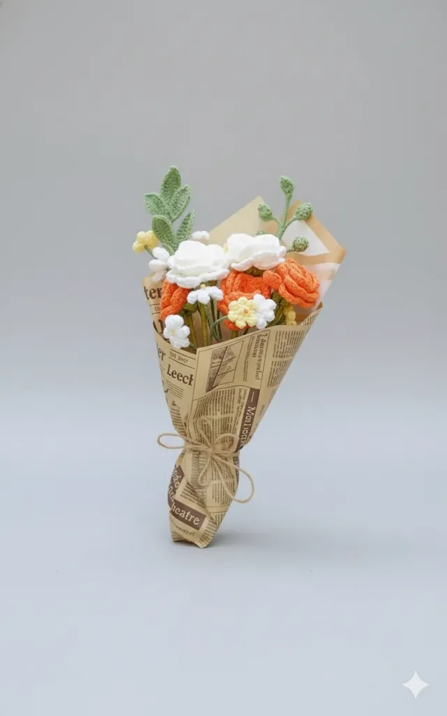 Sunshine Solmayan Gül Örgü Çiçek Buketi Hediyelik Turuncu