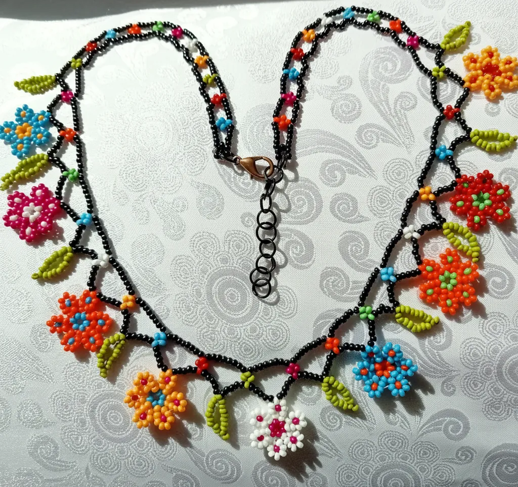 Boncuklu Otantik Çiçekli Kolye - Siyah Boncuklu, Renkli Çiçek Detaylı