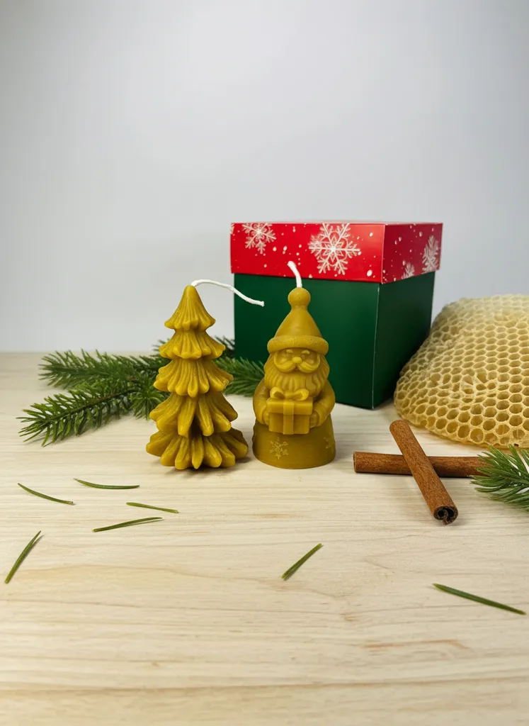 Doğal Balmumu Mum Yılbaşı Konseptli Hediye Kutusu - Apicraft (Santa & Çam Ağacı)