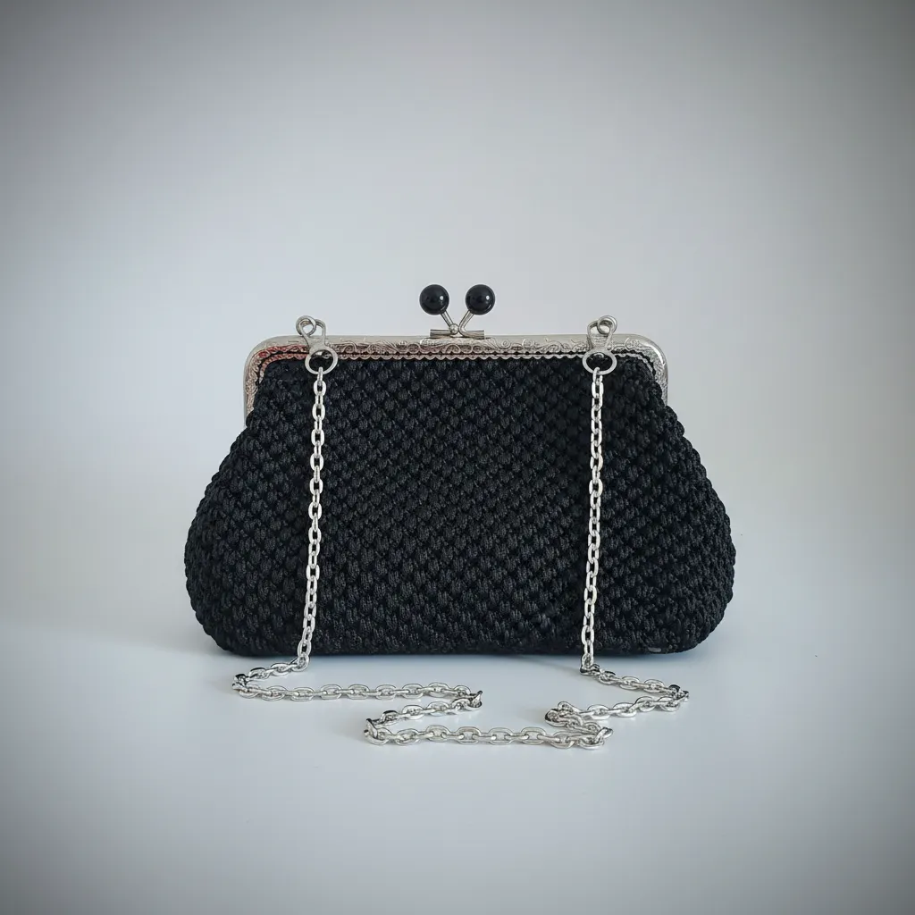 Siyah Makrome Örgü Zincir Askılı Astarli El Yapımı Kadın Çanta